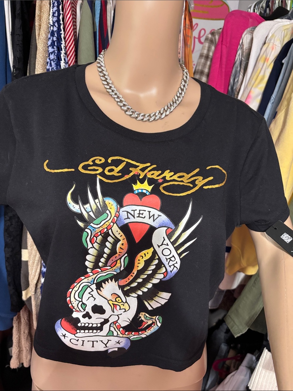 Ed Hardy Black Crop Tee with Multicolor Tattoo-Style Skull & Snake brand new